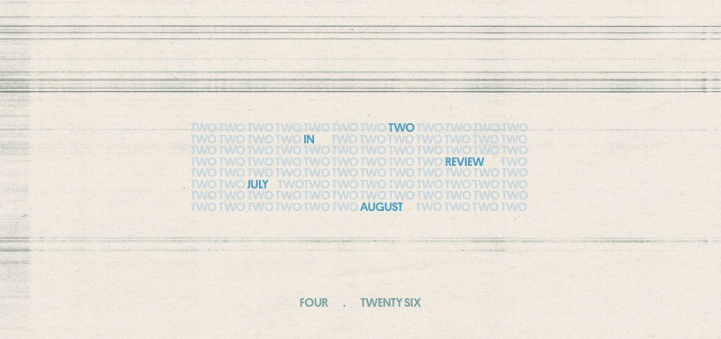 Two in Review July/August 2026 playlist artwork with pale blue and teal lettering on a textured off-white background.