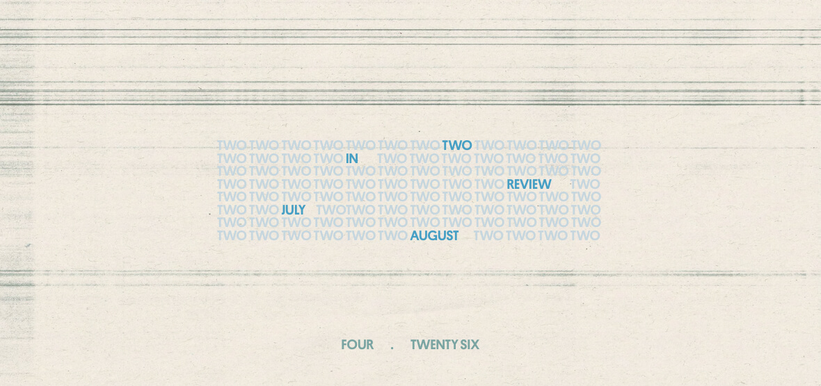 Two in Review July/August 2026 playlist artwork with pale blue and teal lettering on a textured off-white background.
